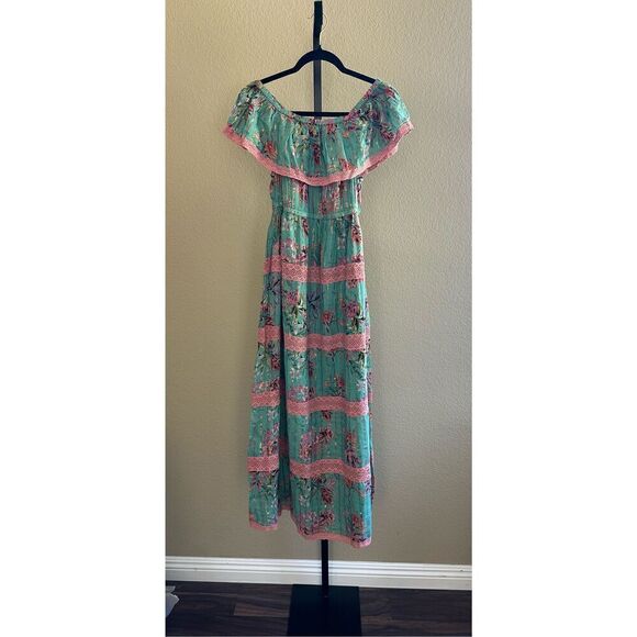 Barok Paris Floral Off The Shoulder Cotton Blend Maxi Dress In Seafoam Size M - Picture 3 of 8